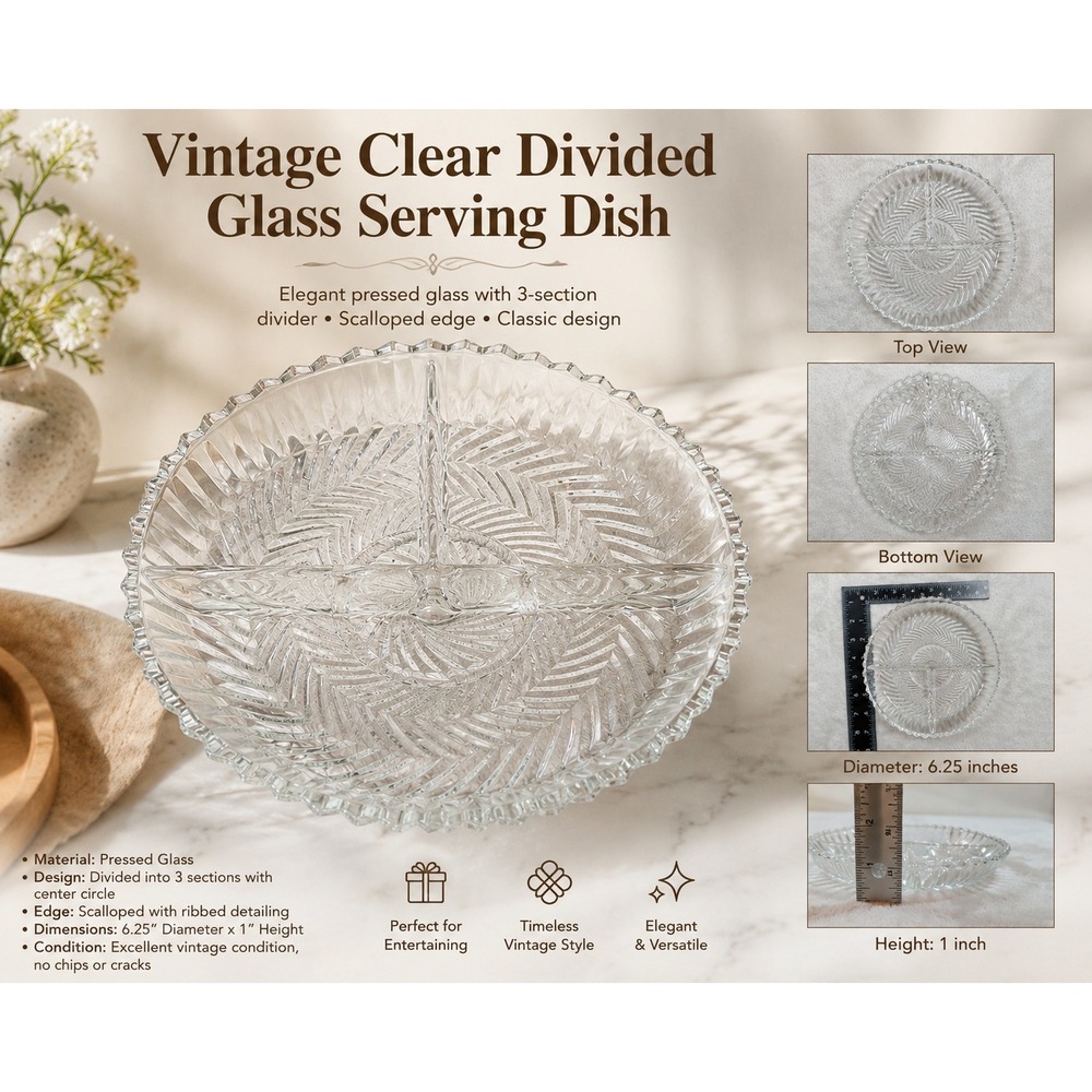 Vtg Clear Pressed Glass 3-Section Divided Relish Dish Scalloped Sunburst 7.5"